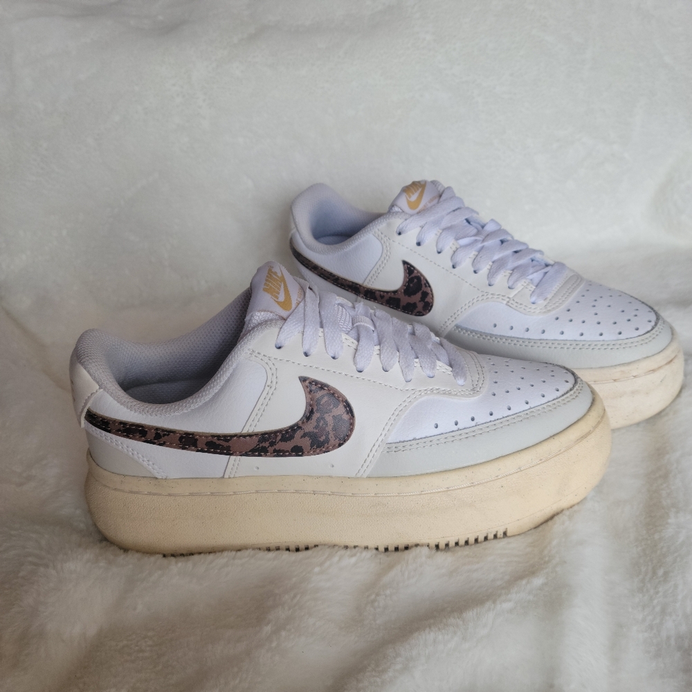 Nike White and Tan Sneakers Leopard Swoosh